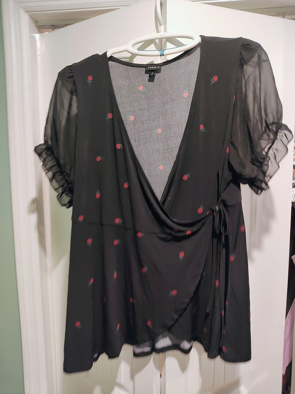 torrid Black Sheer Wrap Blouse with Red Floral Dot Accents